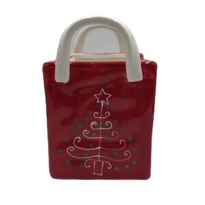 Vintage Century Red Ceramic Handled Purse Shape Christmas Decor Candy Holder